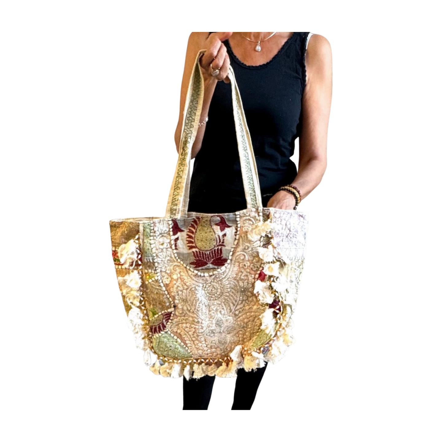 Bolso bohemio indio con pompones