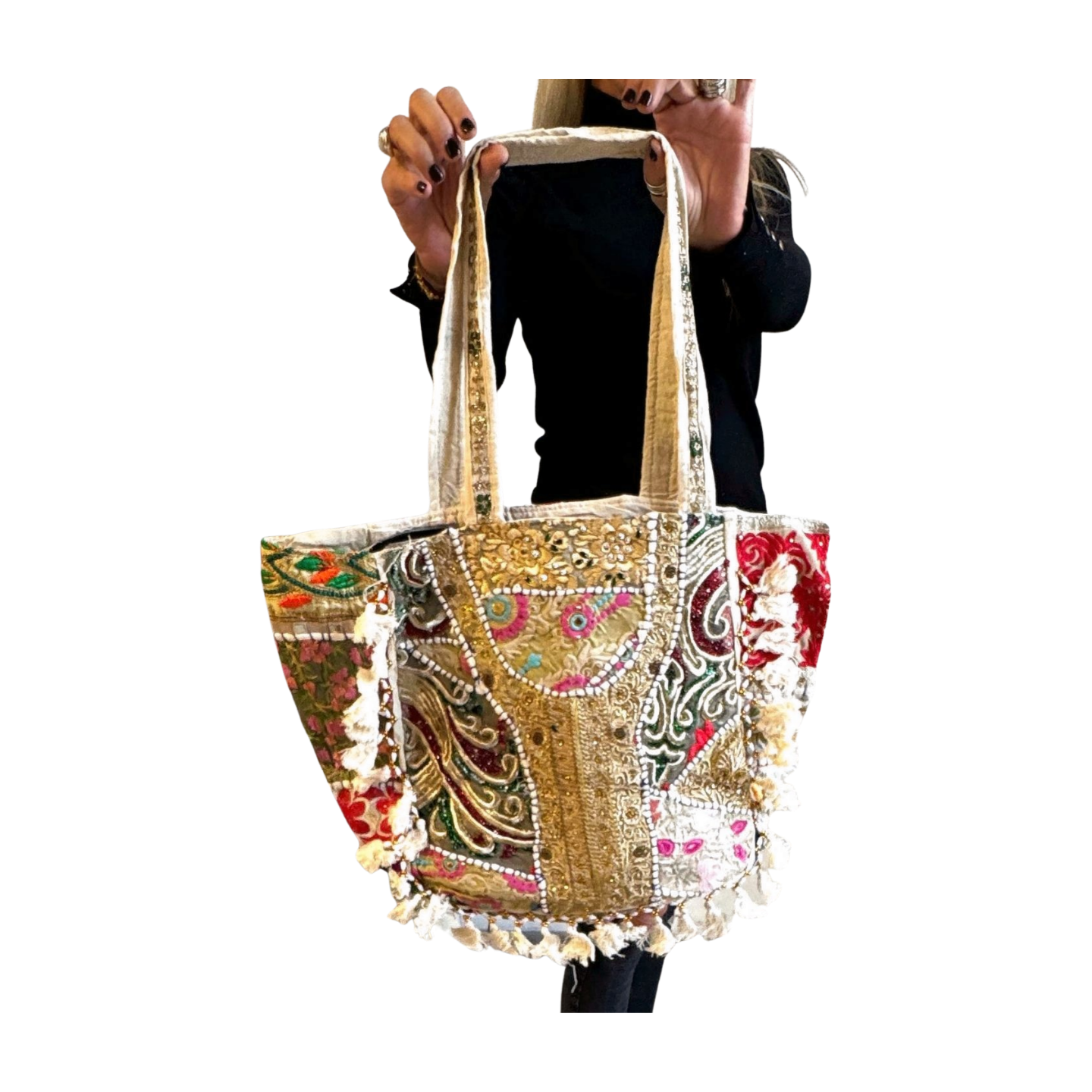 Bolso bohemio indio con pompones