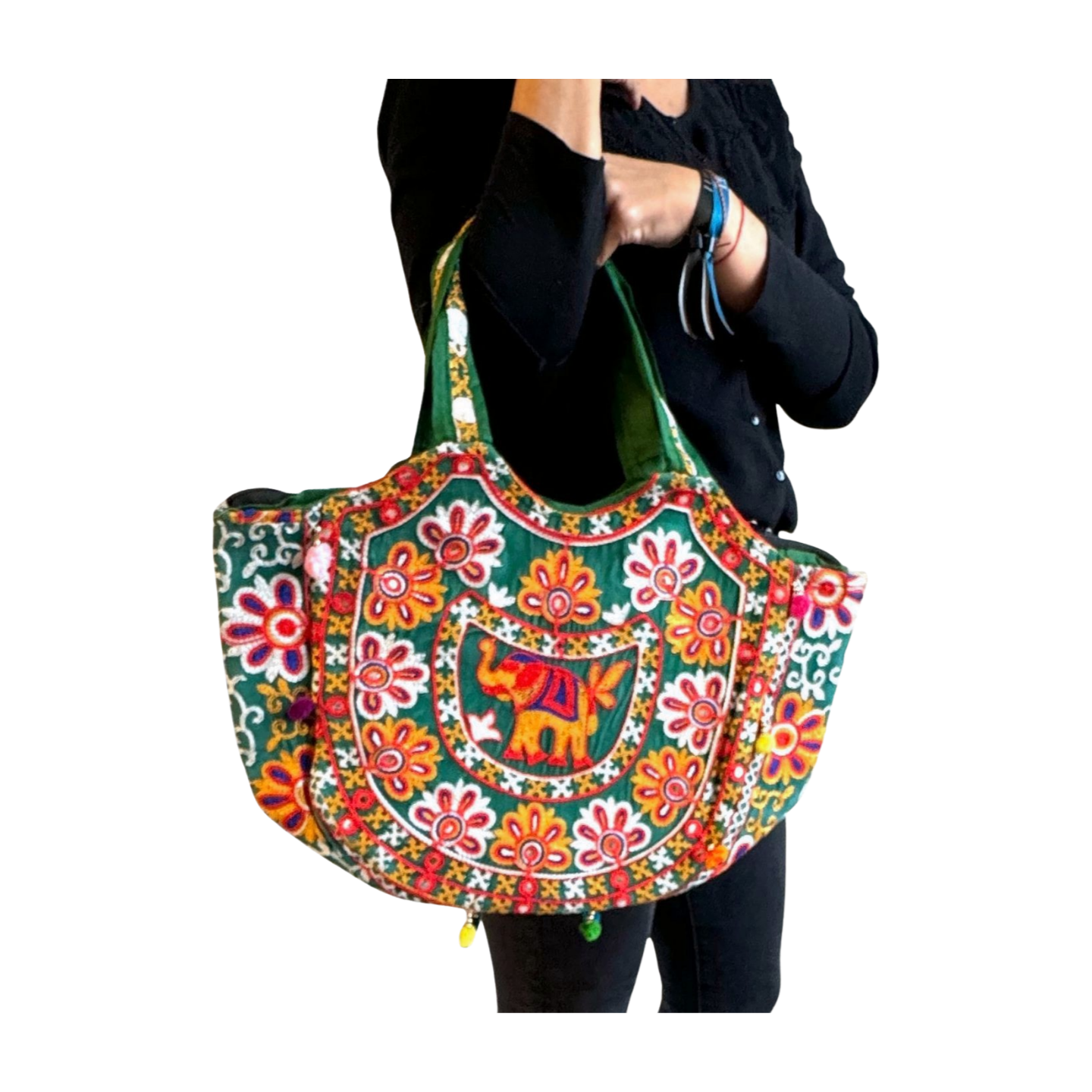 Bolso bohemio verde con elefante bordado