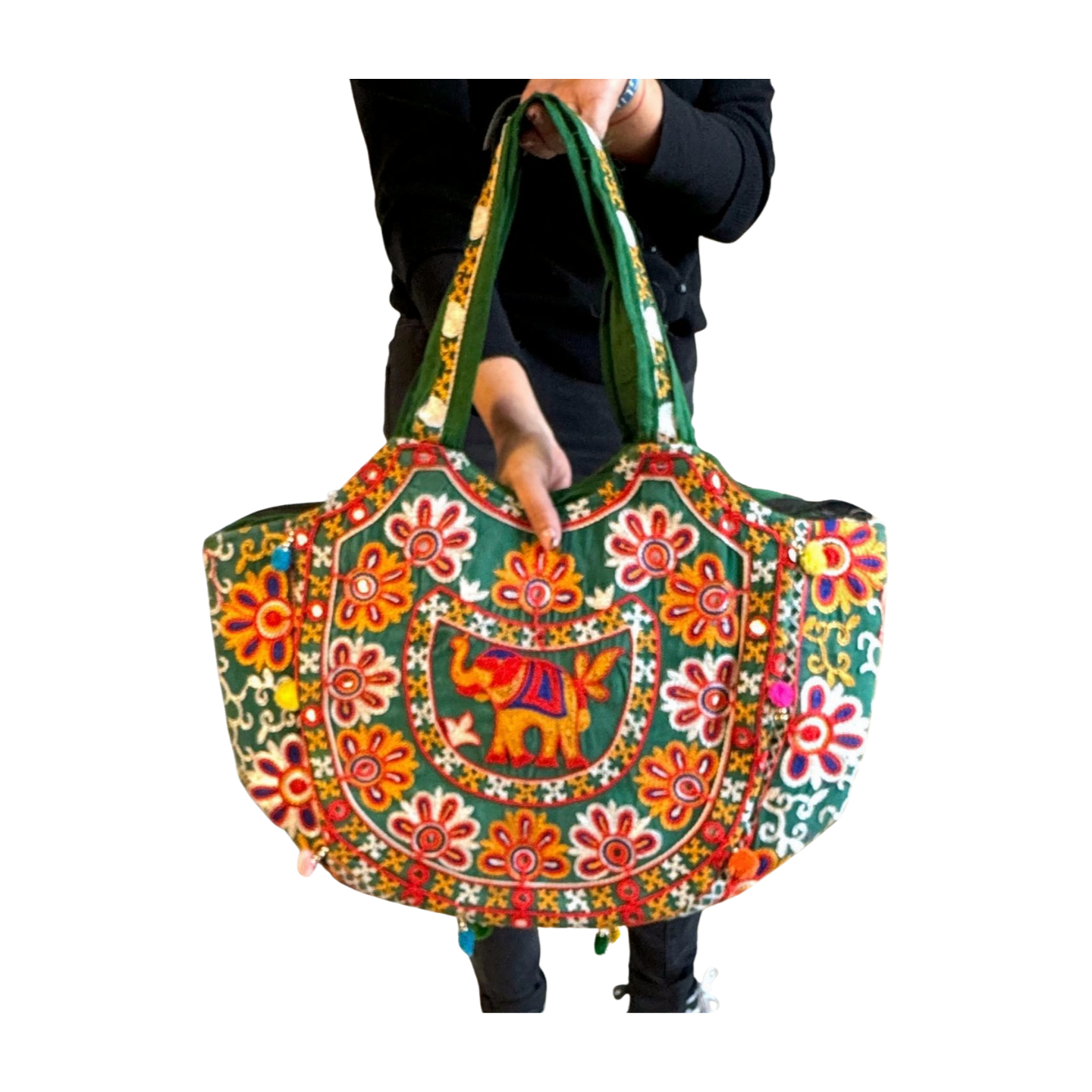 Bolso bohemio verde con elefante bordado
