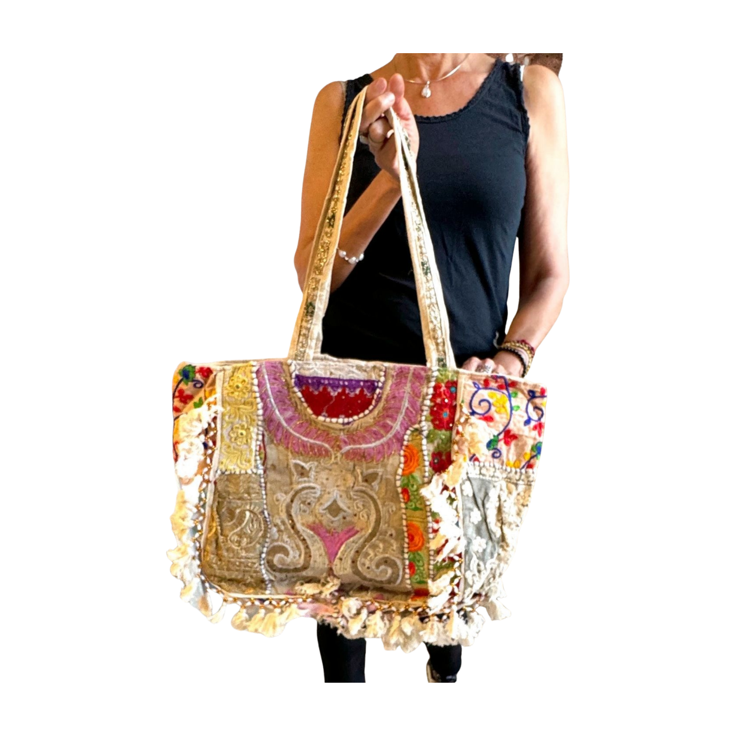 Bolso bohemio indio con pompones