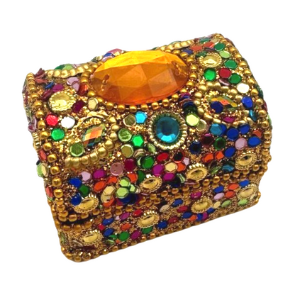 Caja india en forma de cofre con brillos dorada