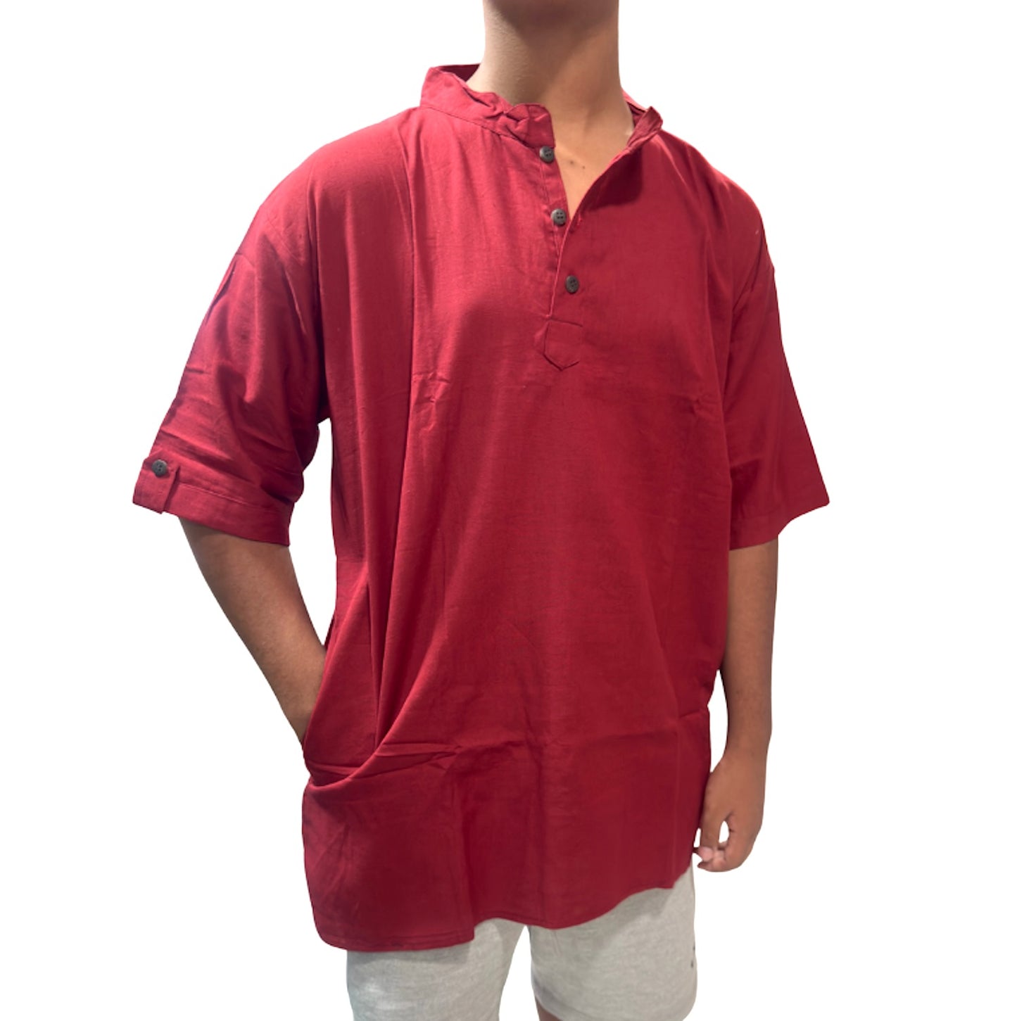 Camisa de Hombre color granate de Algodón Cuello Mao Rojo- Granate