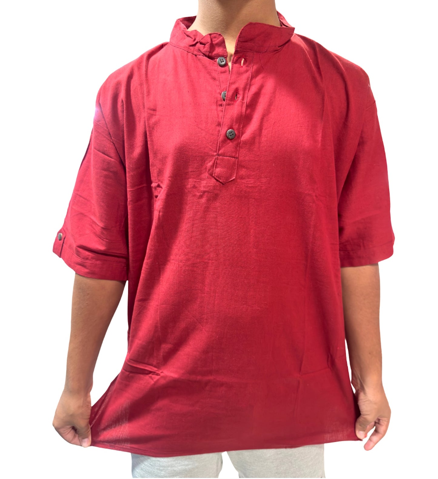 Camisa de Hombre color granate de Algodón Cuello Mao Rojo- Granate
