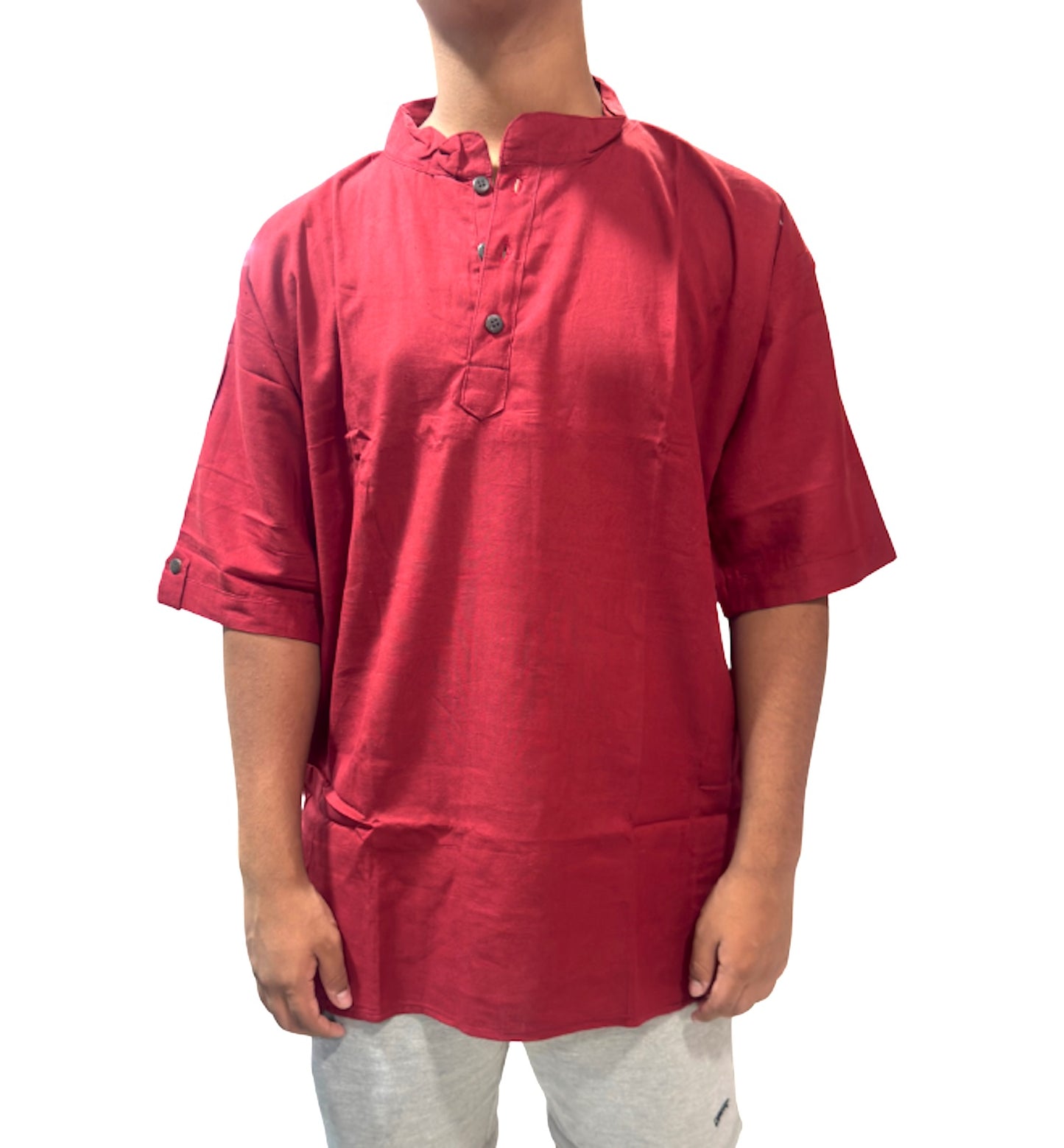 Camisa de Hombre color granate de Algodón Cuello Mao Rojo- Granate