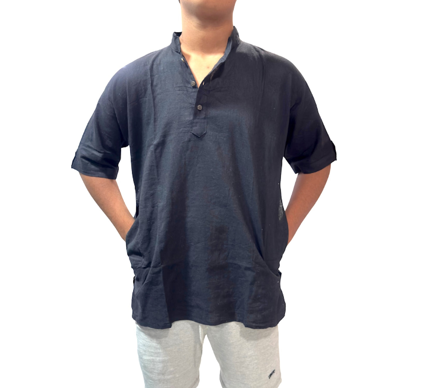 Camisa de Hombre color negro de Algodón Cuello Mao