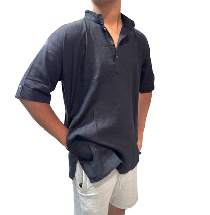 Camisa de Hombre color negro de Algodón Cuello Mao