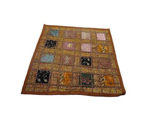 Funda de cojín étnico indio bordado patchwork MARRÓN