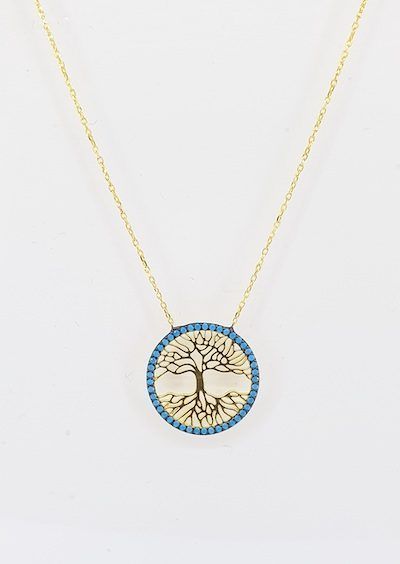 Collar de arbol de la vida de plata bañada en oro con circonitas tintadas de turquesa