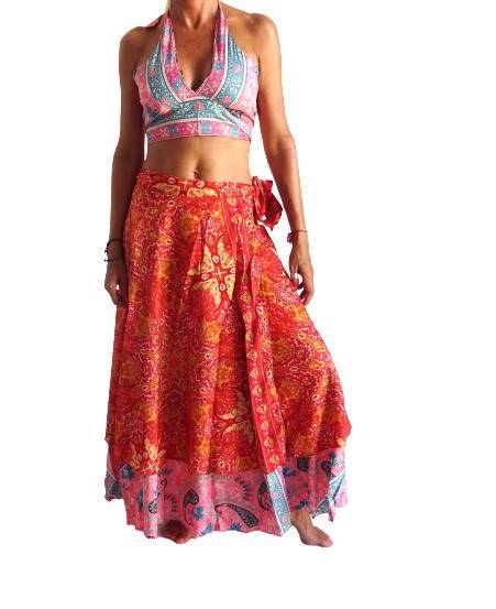 Conjunto seda india reversible top, falda y kimono