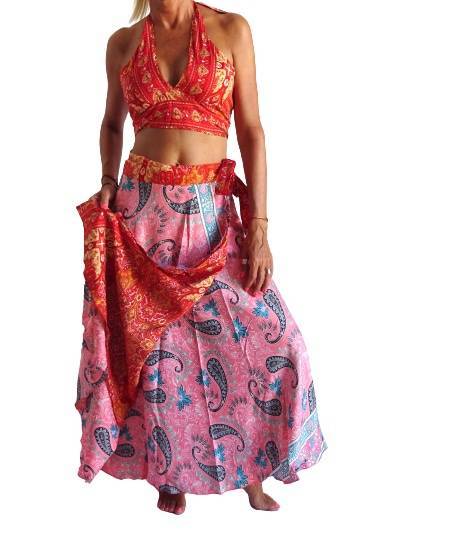 Conjunto seda india reversible top, falda y kimono