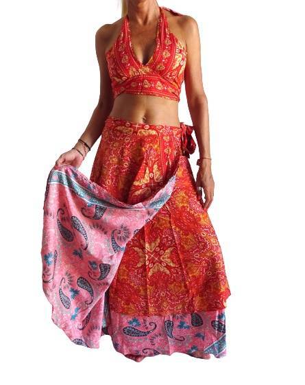 Conjunto seda india reversible top, falda y kimono