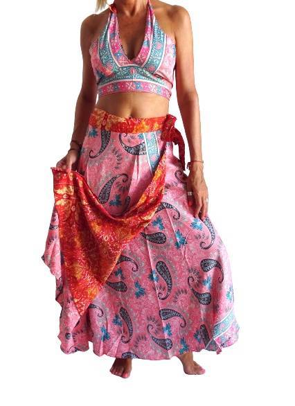 Conjunto seda india reversible top, falda y kimono
