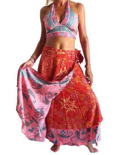 Conjunto seda india reversible top, falda y kimono