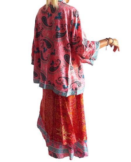 Conjunto seda india reversible top, falda y kimono