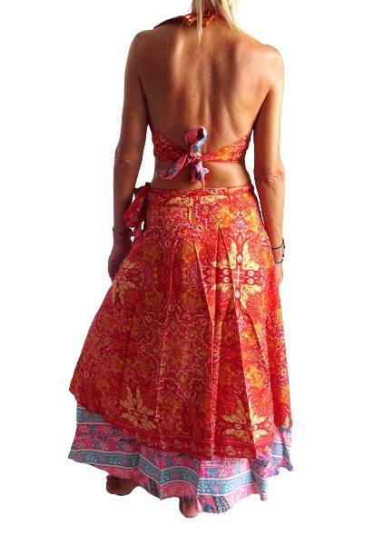 Conjunto seda india reversible top, falda y kimono