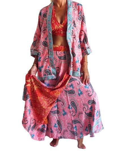 Conjunto seda india reversible top, falda y kimono