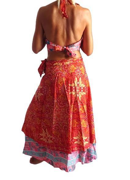 Conjunto seda india reversible top, falda y kimono