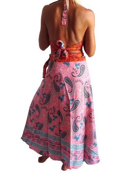Conjunto seda india reversible top, falda y kimono