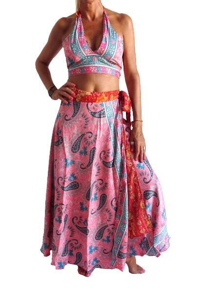 Conjunto seda india reversible top, falda y kimono