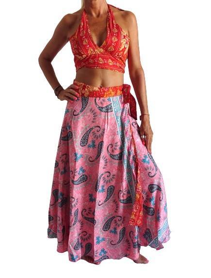 Conjunto seda india reversible top, falda y kimono