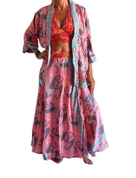 Conjunto seda india reversible top, falda y kimono