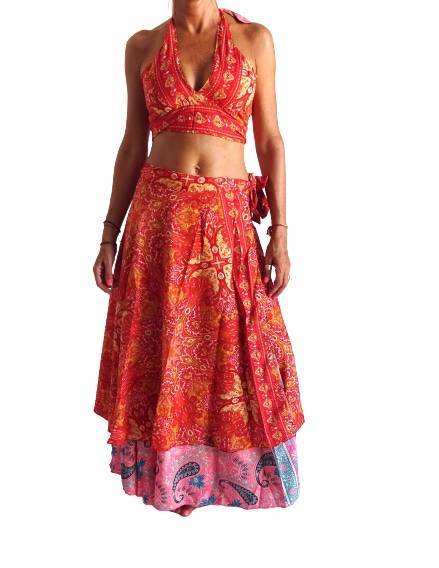 Conjunto seda india reversible top, falda y kimono