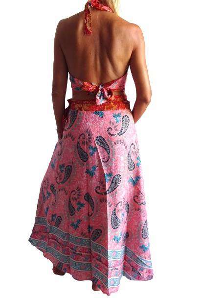 Conjunto seda india reversible top, falda y kimono