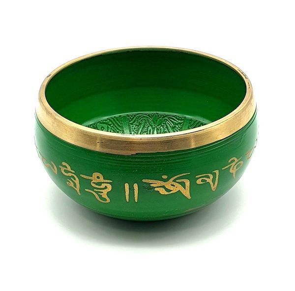 Cuenco tibetano verde de siete metales 4 budhas