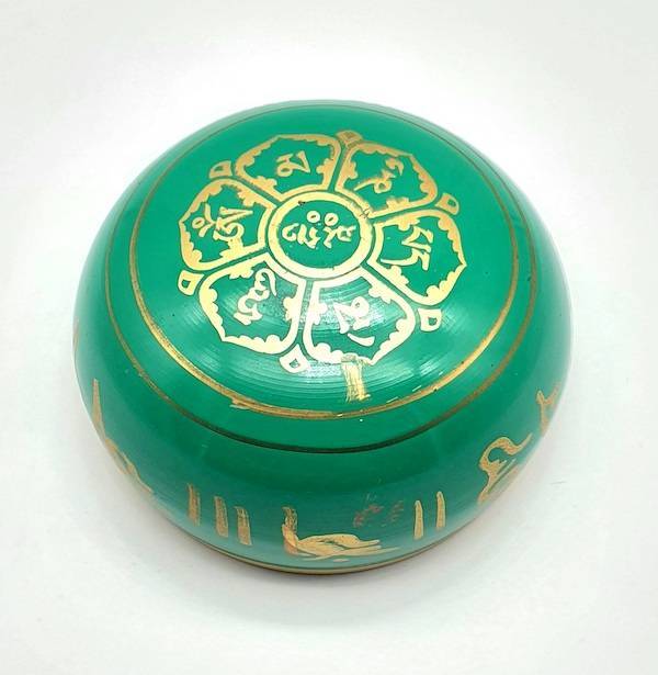 Cuenco tibetano verde de siete metales 4 budhas