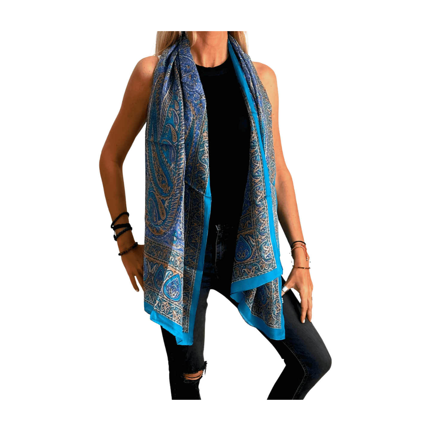 Pañuelo de seda de la india estampado azul claro