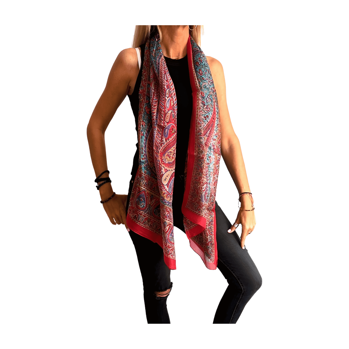 Foulard de seda de la india estampado rojo