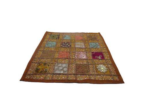 Funda de cojín étnico indio bordado patchwork MARRÓN