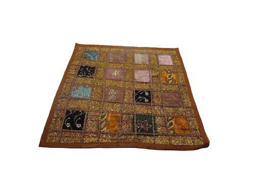 Funda de cojín étnico indio bordado patchwork MARRÓN
