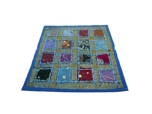 Funda de cojín étnico indio bordado patchwork AZUL