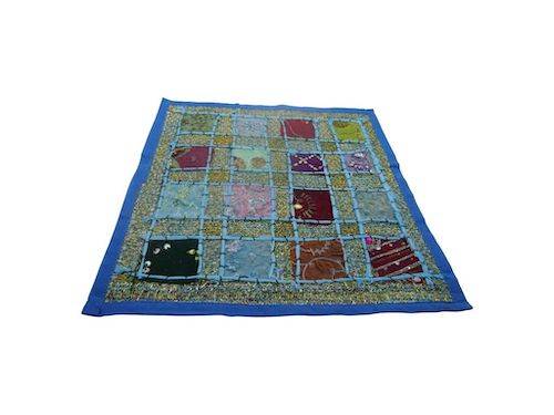 Funda de cojín étnico indio bordado patchwork AZUL