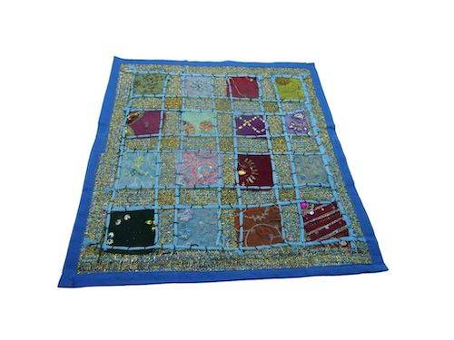 Funda de cojín étnico indio bordado patchwork AZUL