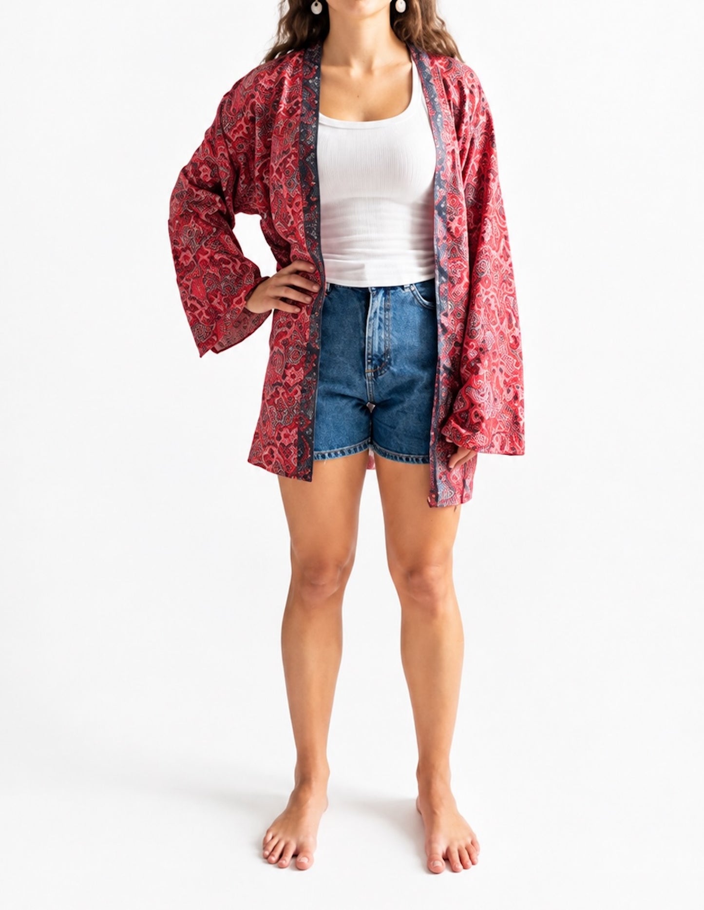 Kimono de seda india estampado rojo coral – comercio ético