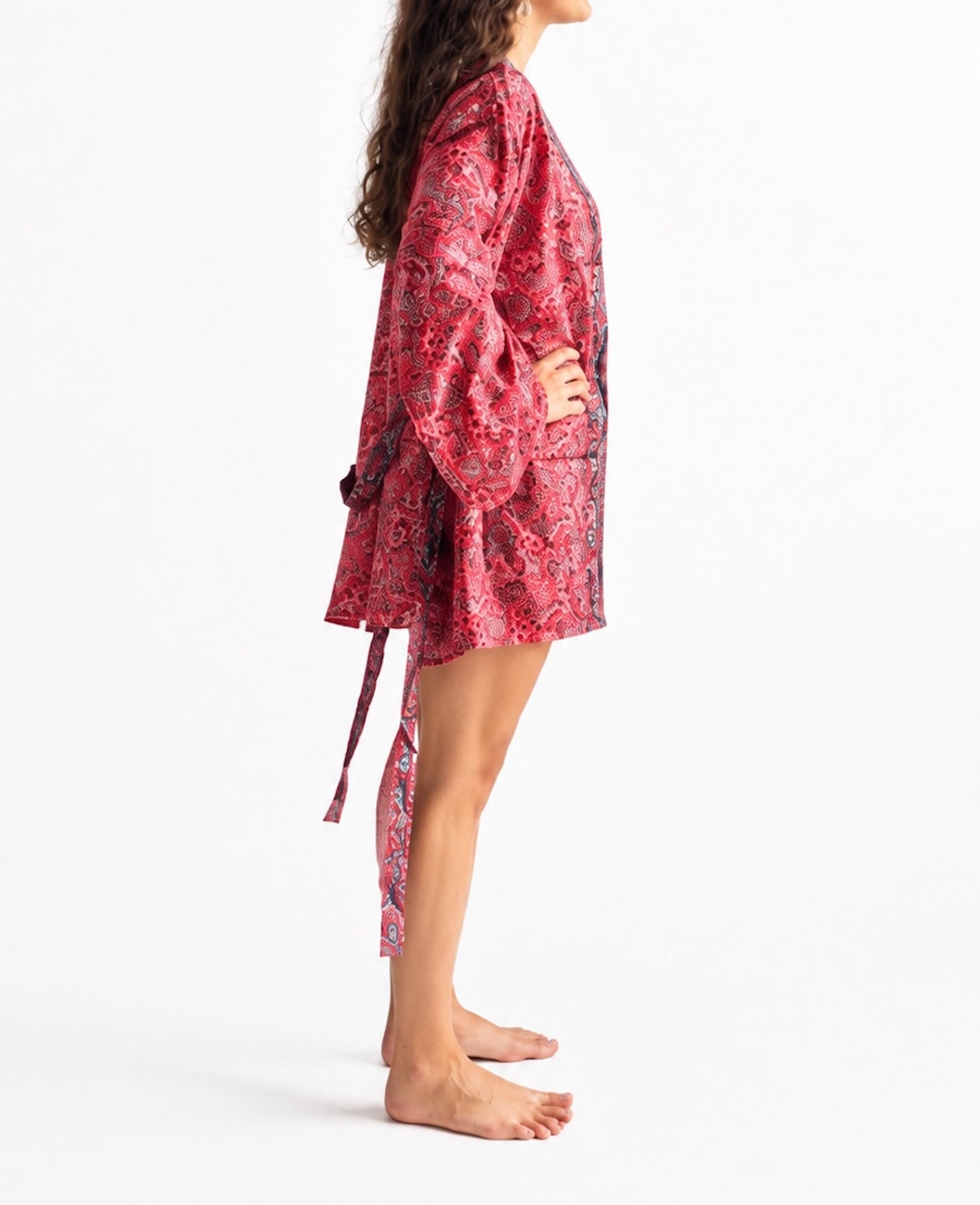 Kimono de seda india estampado rojo coral – comercio ético