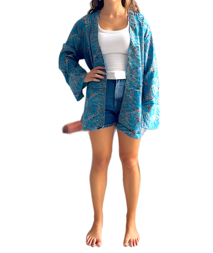 Kimono de seda india estampado azul – comercio ético