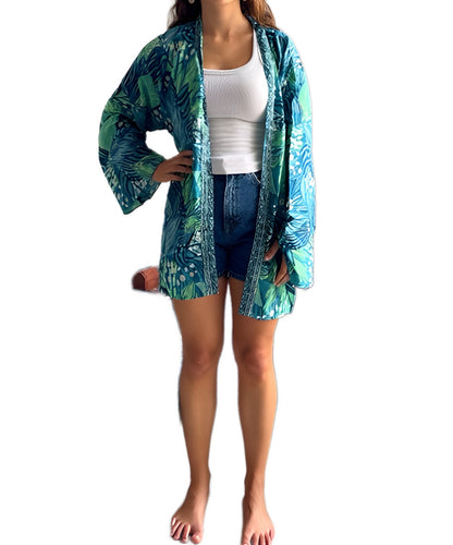 Kimono de seda india estampado azul, verde y dorado– comercio ético