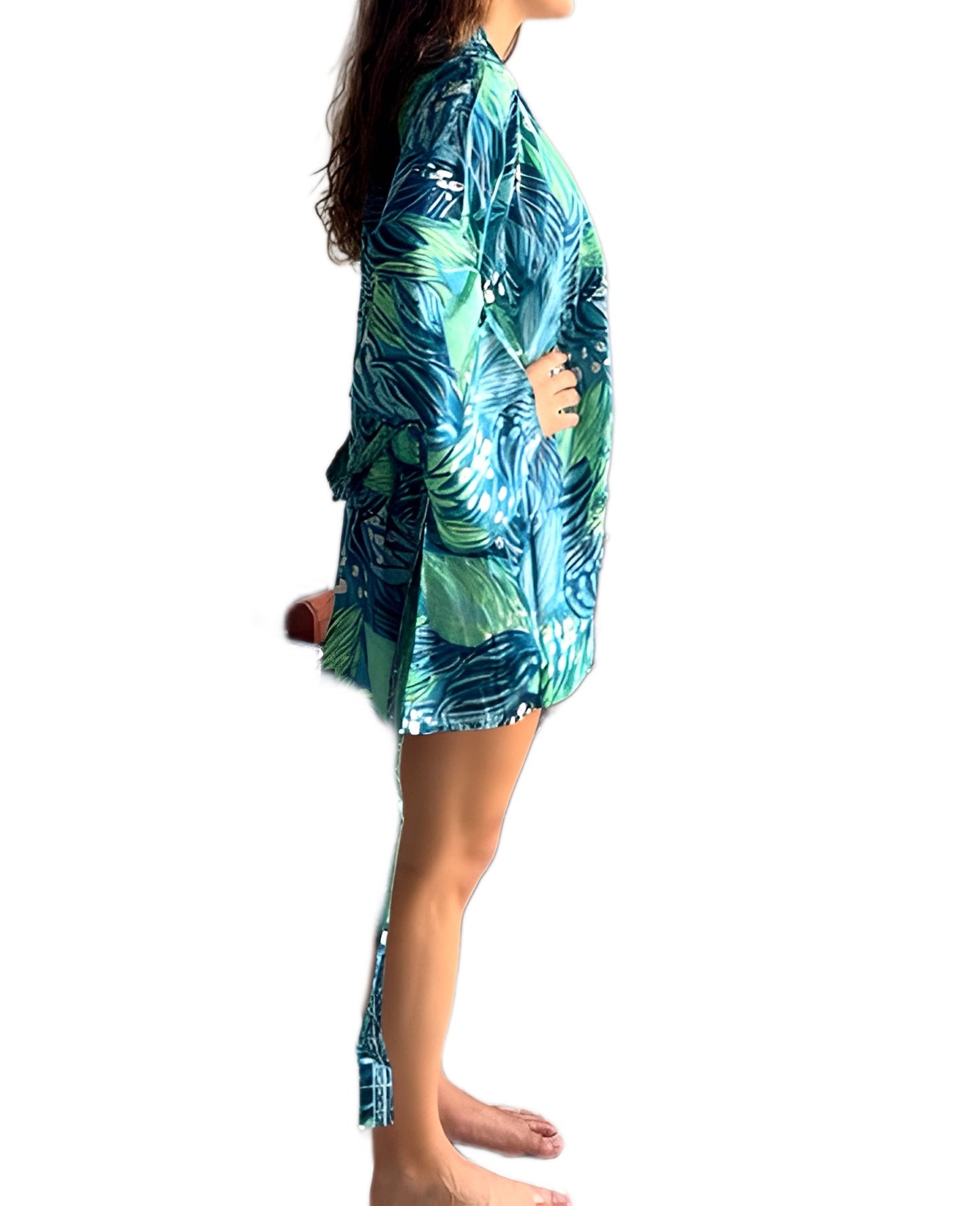 Kimono de seda india estampado azul, verde y dorado– comercio ético