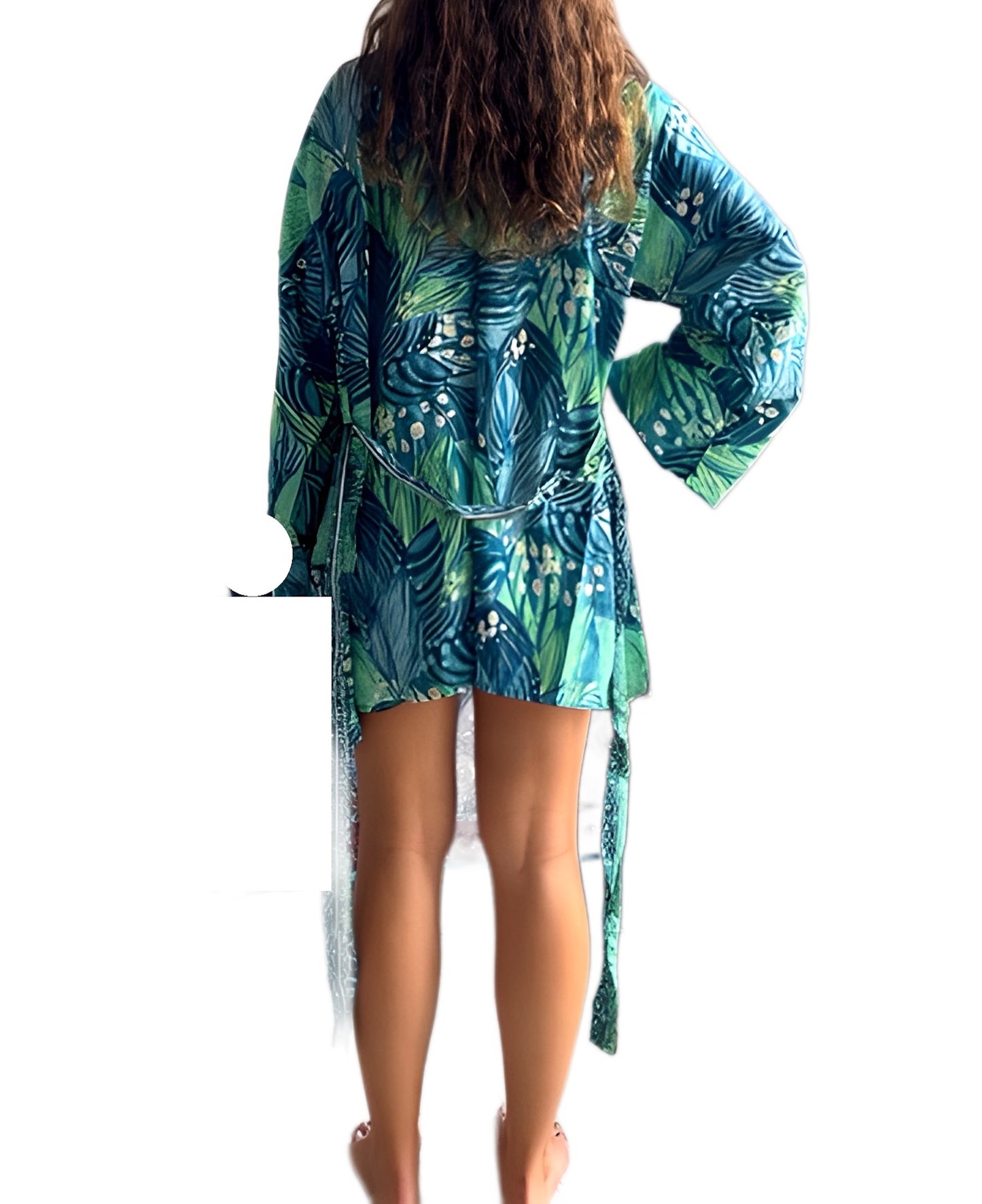 Kimono de seda india estampado azul, verde y dorado– comercio ético