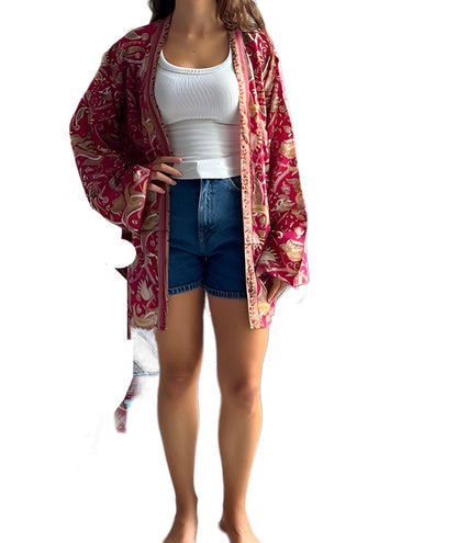 Kimono de seda india estampado granate – comercio ético