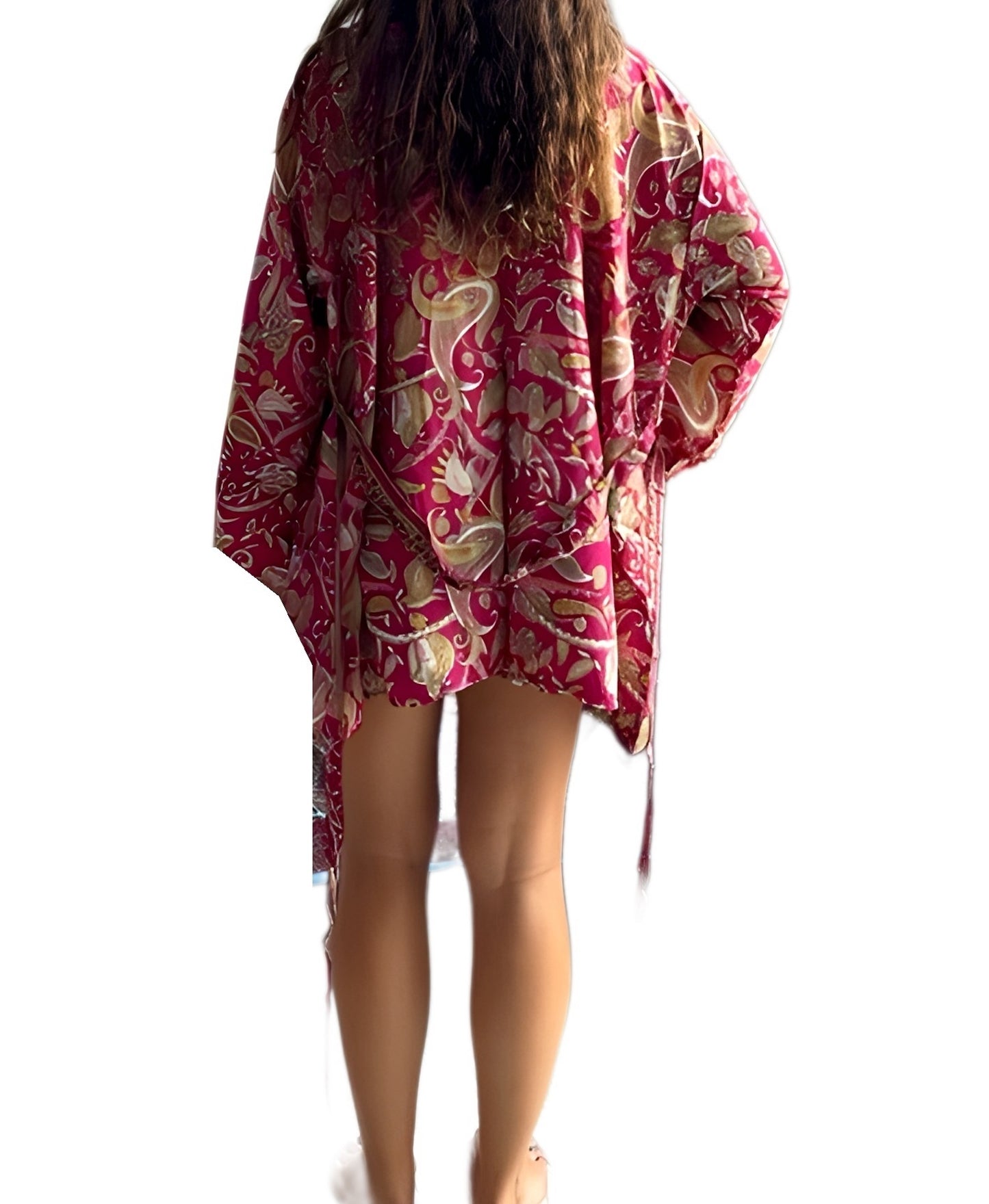 Kimono de seda india estampado granate – comercio ético