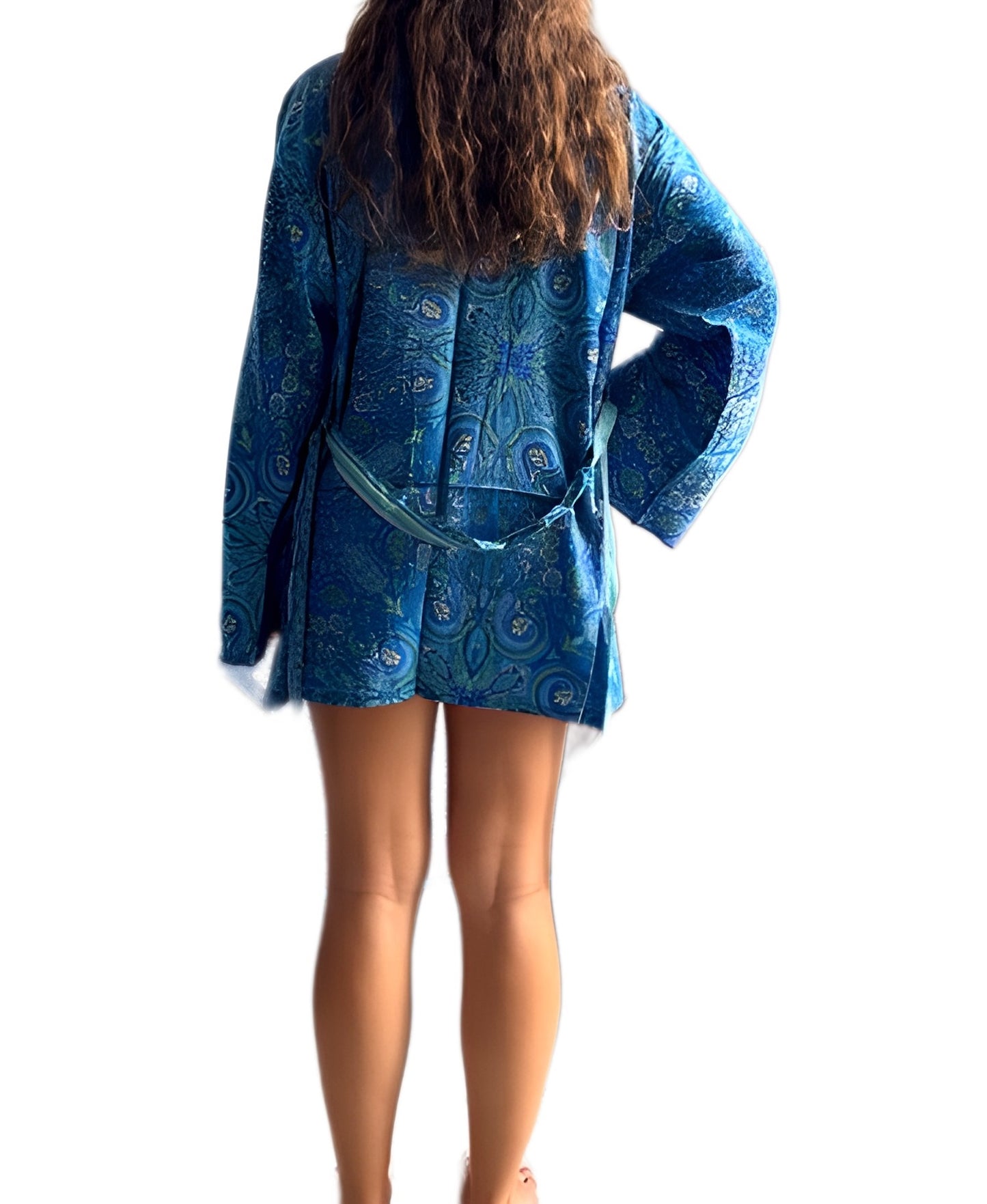 Kimono corto de seda india estampado azul– comercio ético