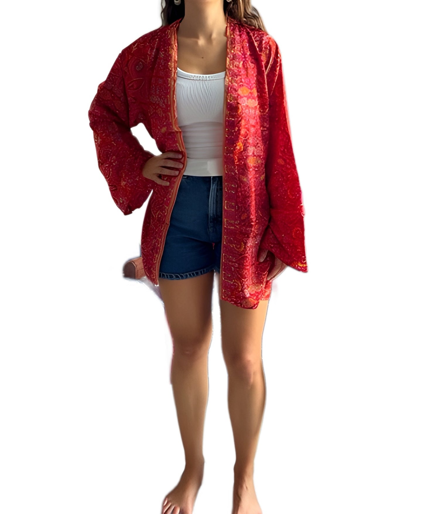 Kimono corto de seda india estampado ROJO– comercio ético