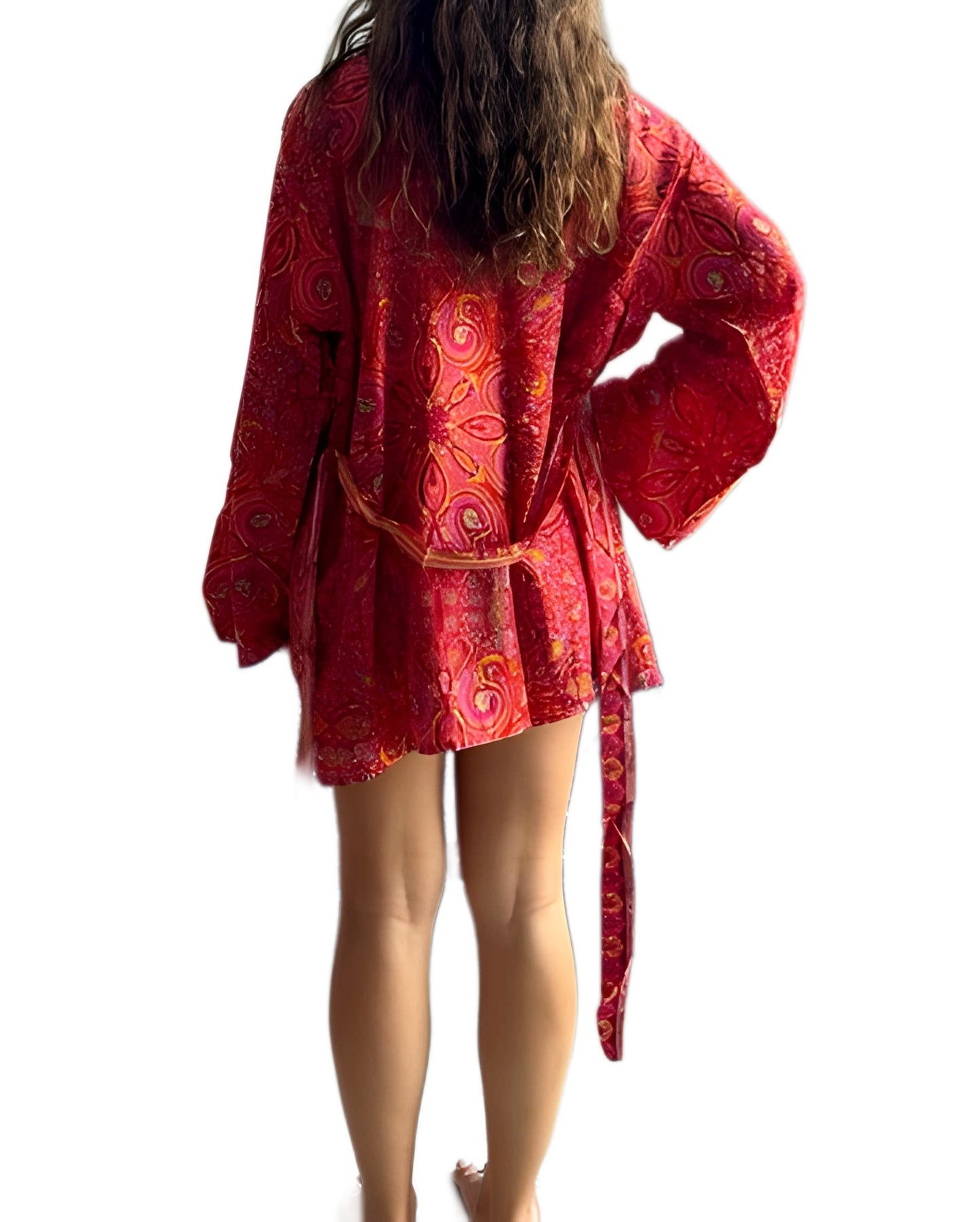 Kimono corto de seda india estampado ROJO– comercio ético
