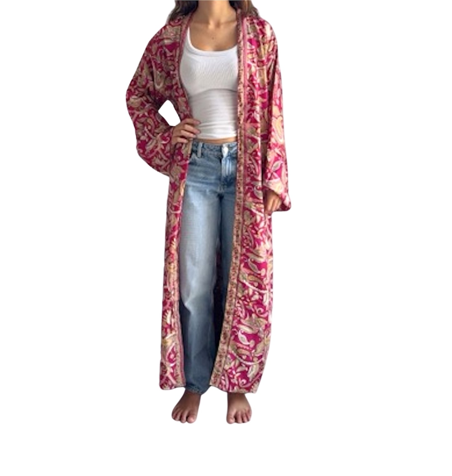 Kimono de seda india estampado granate – comercio ético