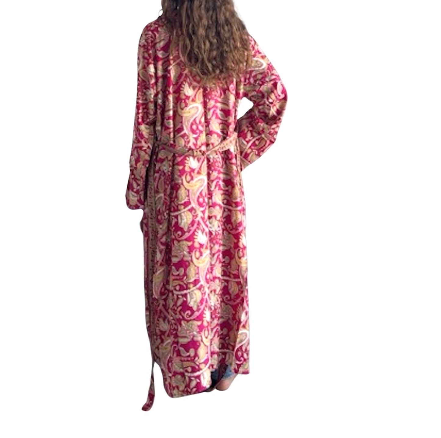 Kimono de seda india estampado granate – comercio ético